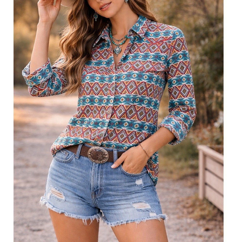 TIN HAUL CO Southwest Geometric Print Button Up Shirt Women Medium Turquoise Red